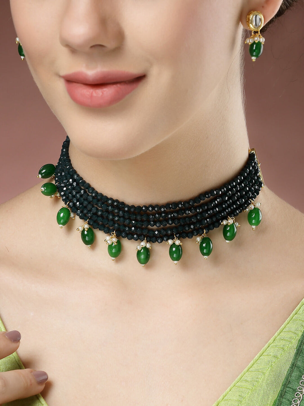 NVR Women's Green Artificial Beads Layered Necklace with Drop Earring