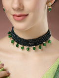 NVR Women's Green Artificial Beads Layered Necklace with Drop Earring
