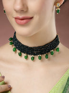 NVR Women's Green Artificial Beads Layered Necklace with Drop Earring