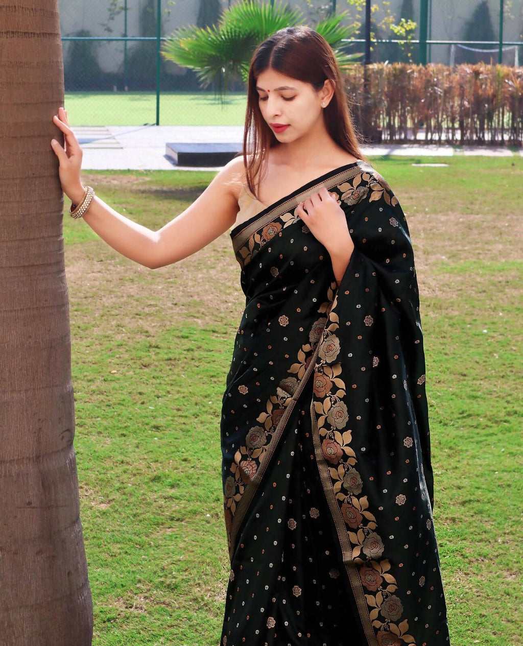 DEIANA'S Beautiful Designer Golden zari Soft Lichi Silk Saree - Black