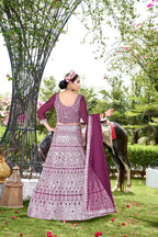 Purple Net Embroidered Semi Stitched Lehenga Choli with Dupatta - Bhagya