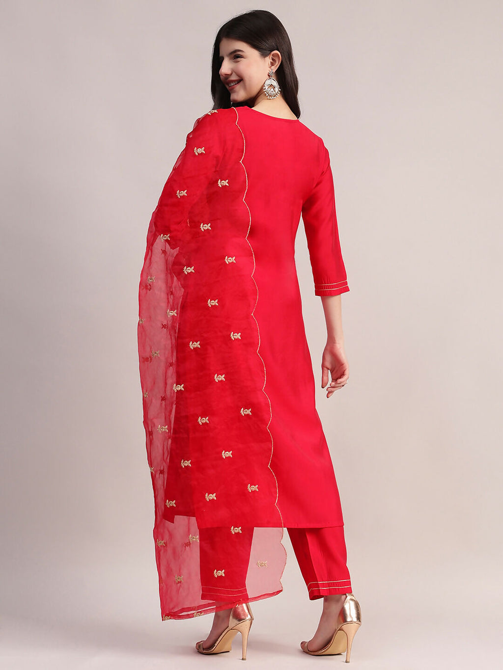 Aavyora Women's Red Embroidered Roman Silk Kurta, Palazzo & Organza Dupatta Set