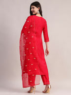 Aavyora Women's Red Embroidered Roman Silk Kurta, Palazzo & Organza Dupatta Set