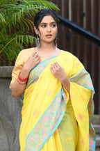 Beatitude Yellow Slub Cotton Floral Jamdani Saree