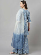 FIORRA Women's Sky Blue Pure Cotton A-Line Kurta & Sharara With Dupatta