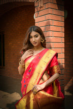 Jyoti Fashion Women's Gajri Red Paithani Silk Zari Woven Saree with Blouse