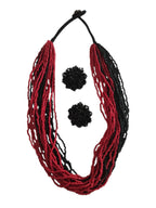 Inhanns Vibrant Handmade 20 Layers Beaded Necklace With Matching Earrings - Black & Red