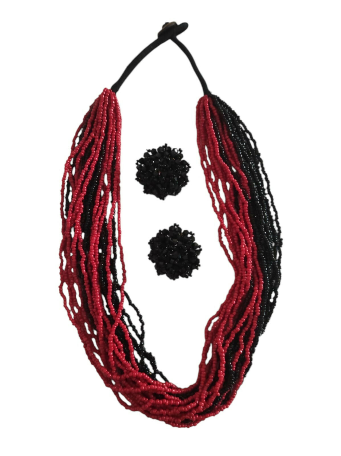 Inhanns Vibrant Handmade 20 Layers Beaded Necklace With Matching Earrings - Black & Red