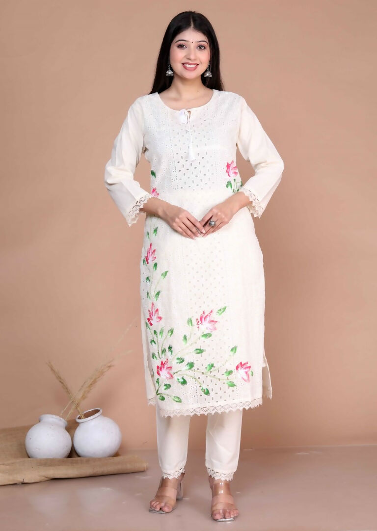 Miravan Women's Cream Hand Block Cotton Pakistani Kurta Palazzo With Dupatta Set