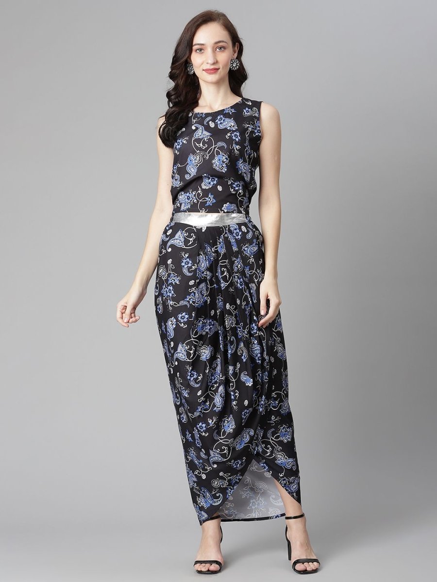 Ahalyaa Women's Black Crepe Digital Print Top Skirt With Shrug - Distacart