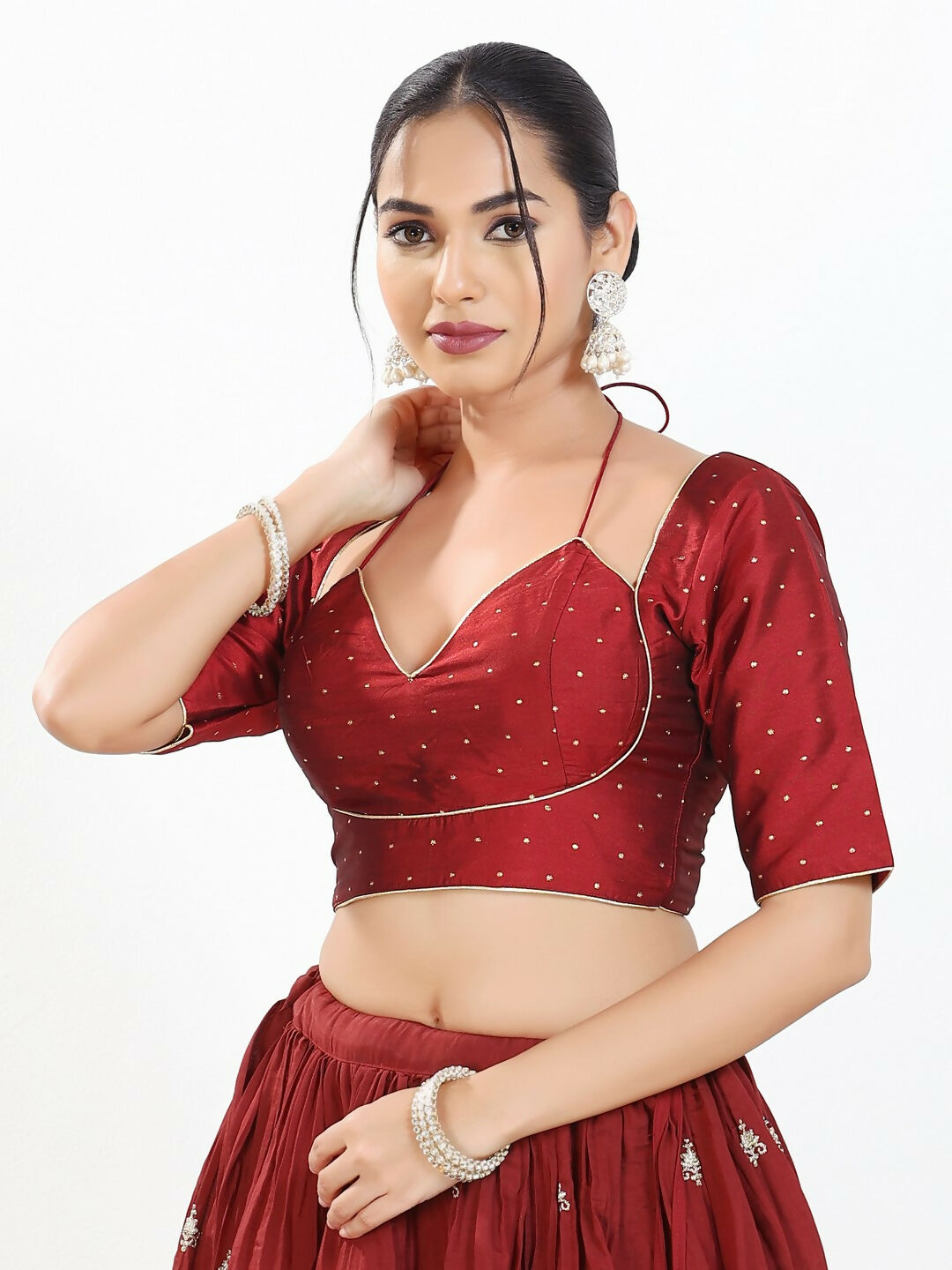 Joban Fashion Maroon Brocade Padded Blouse With Sweetheart Neck Elbow Sleeves - Distacart