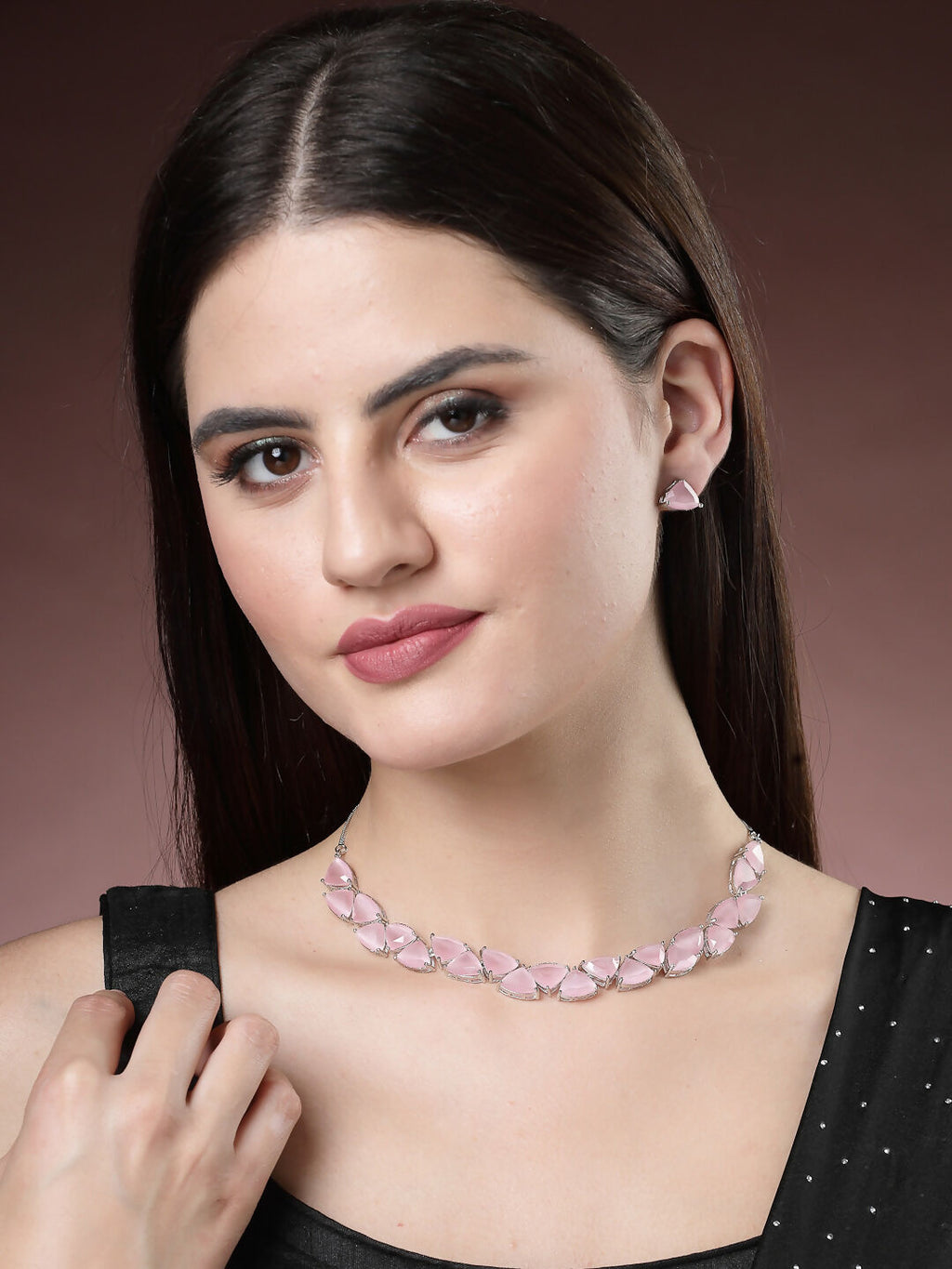 NVR Women's Pink Artificial Stones Studded Handcrafted Jewellery Set