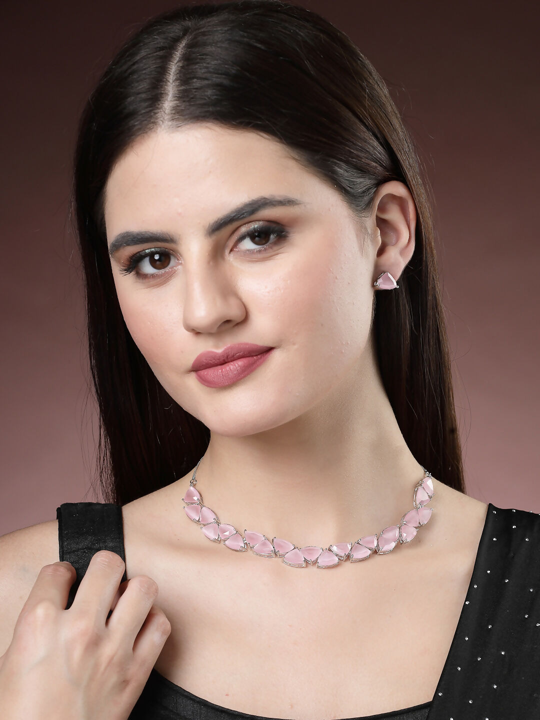 NVR Women's Pink Artificial Stones Studded Handcrafted Jewellery Set
