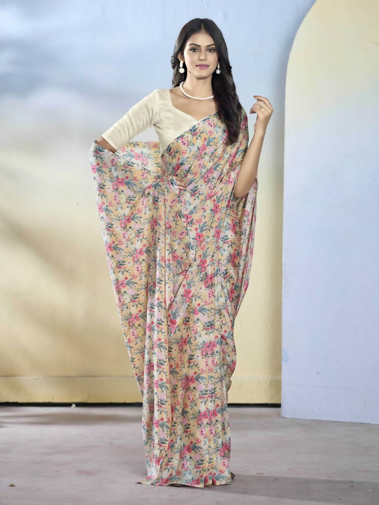 Off White Georgette Designer Printed Ready to Wear Saree - Samyana