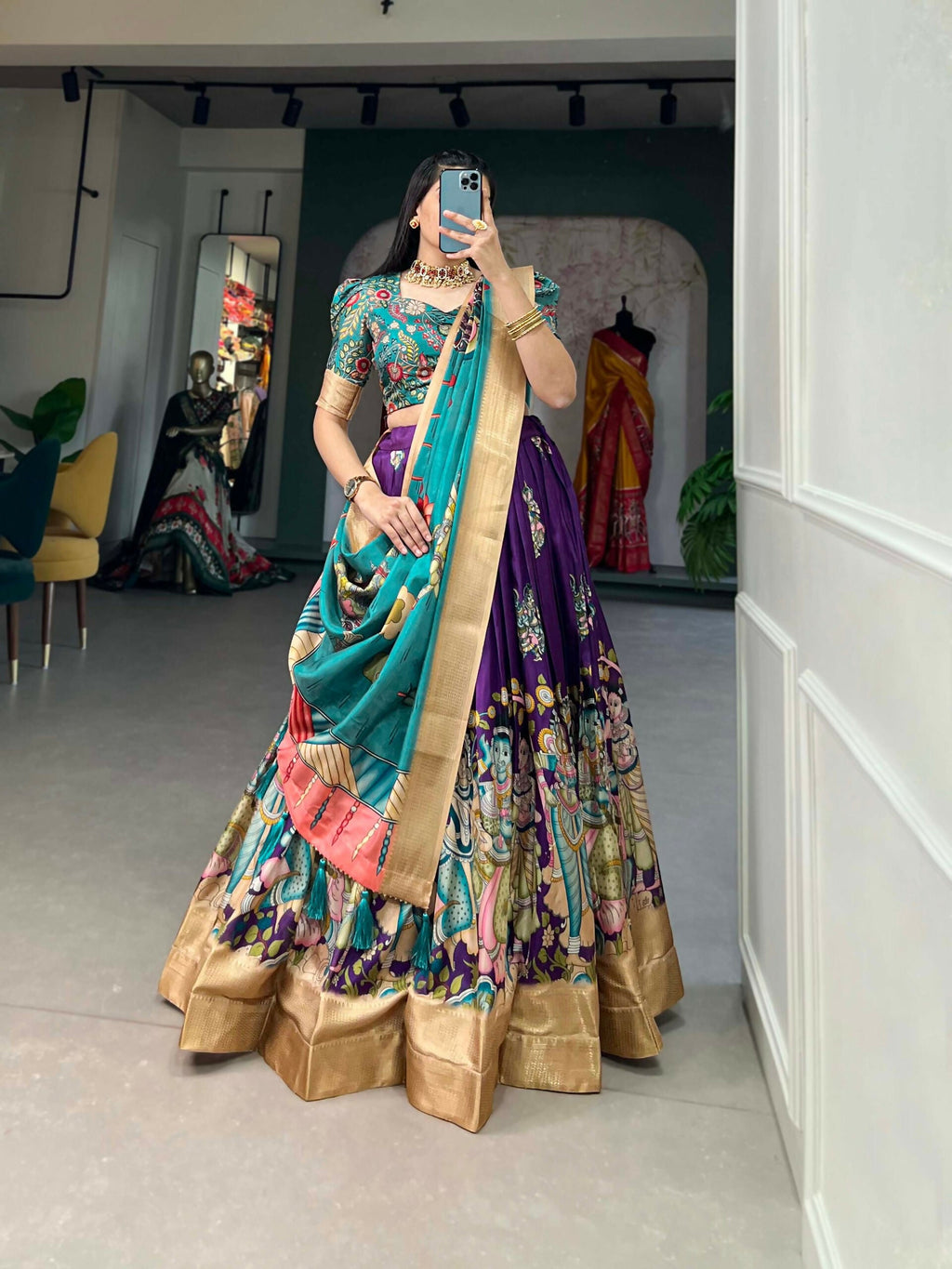Vastranavya Kalamkari Print With Weaving Border Lehenga with Unstitched Blouse - Purple