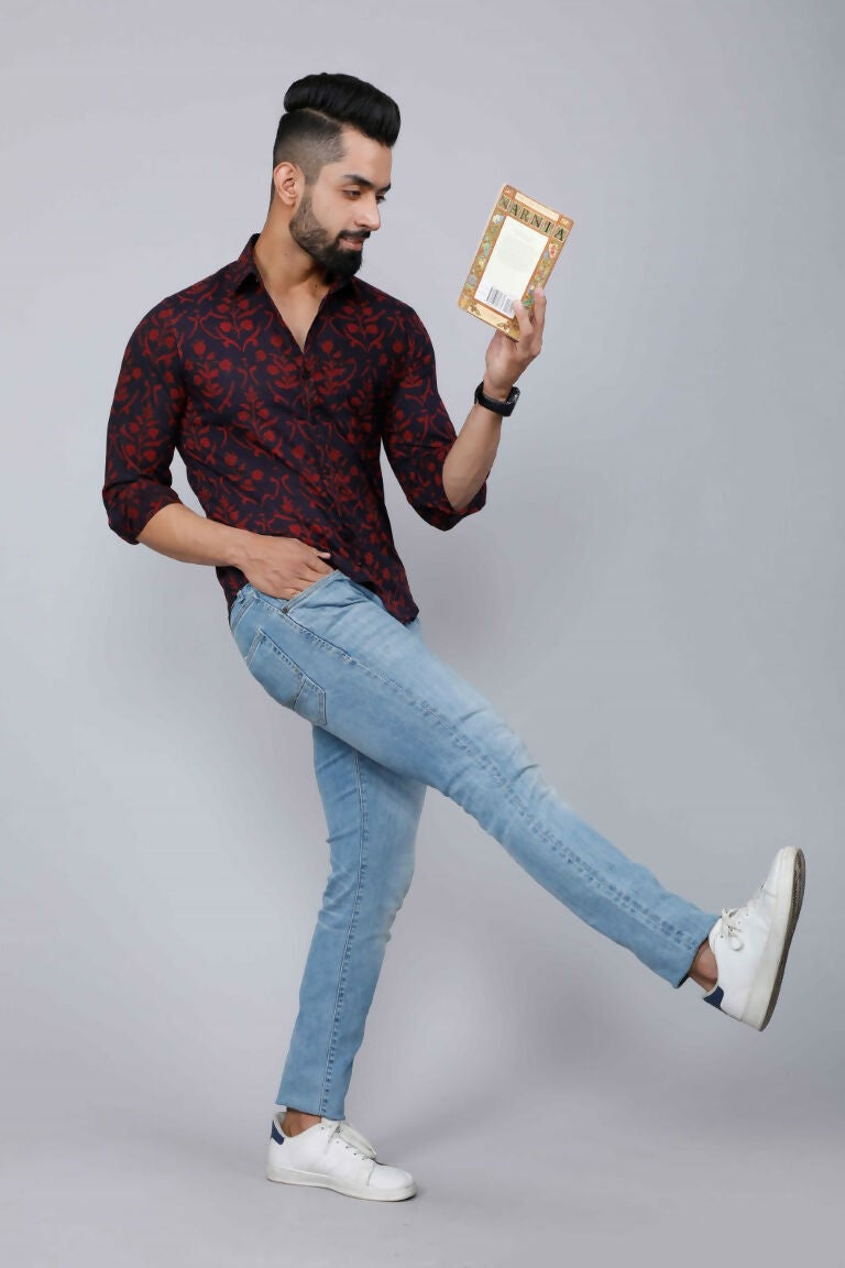 Miravan Men's Maroon Floral Printed Casual Full Sleeves Cotton Shirt