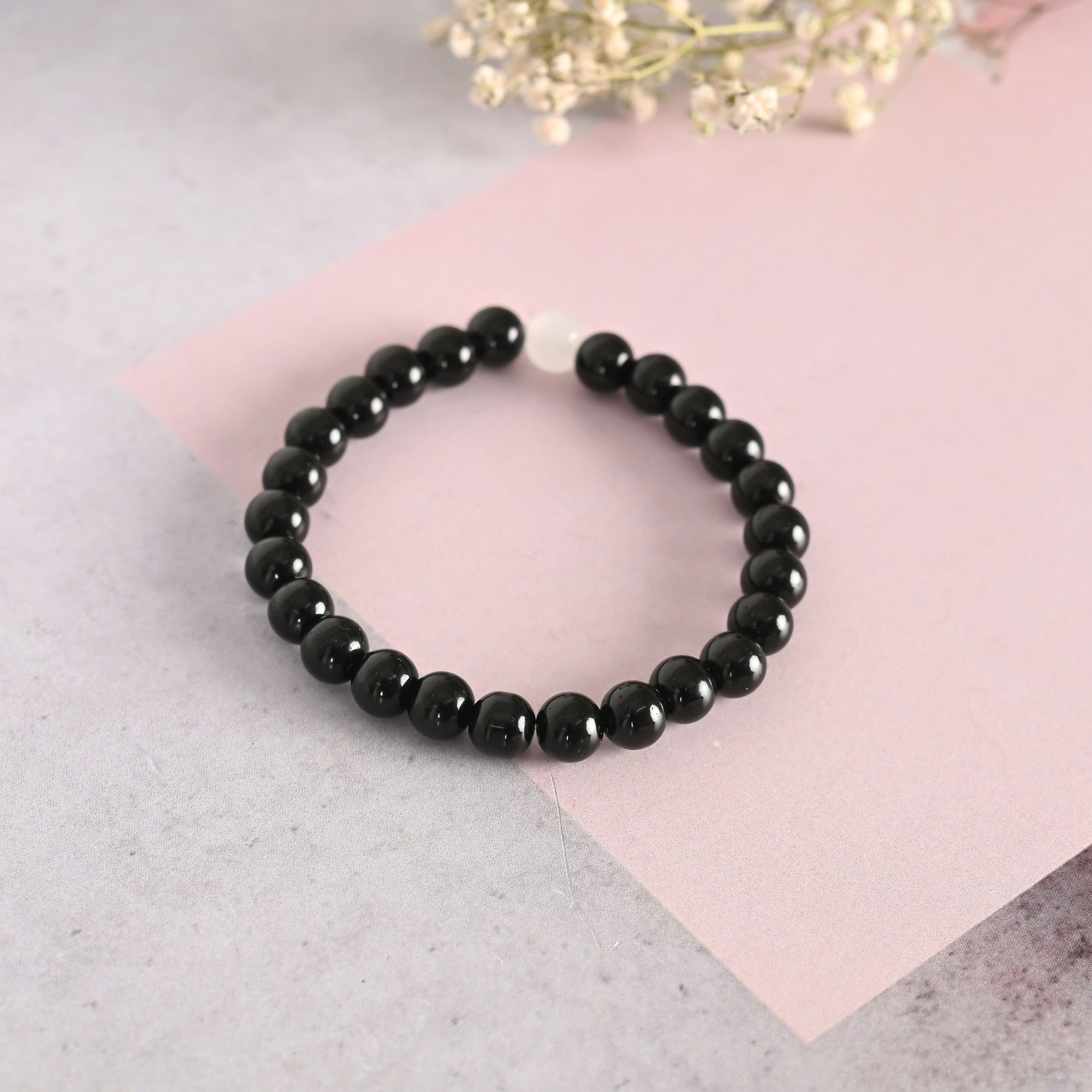 NVR Men & Women Black Marble Crystal Beaded Elasticated Bracelet - Distacart