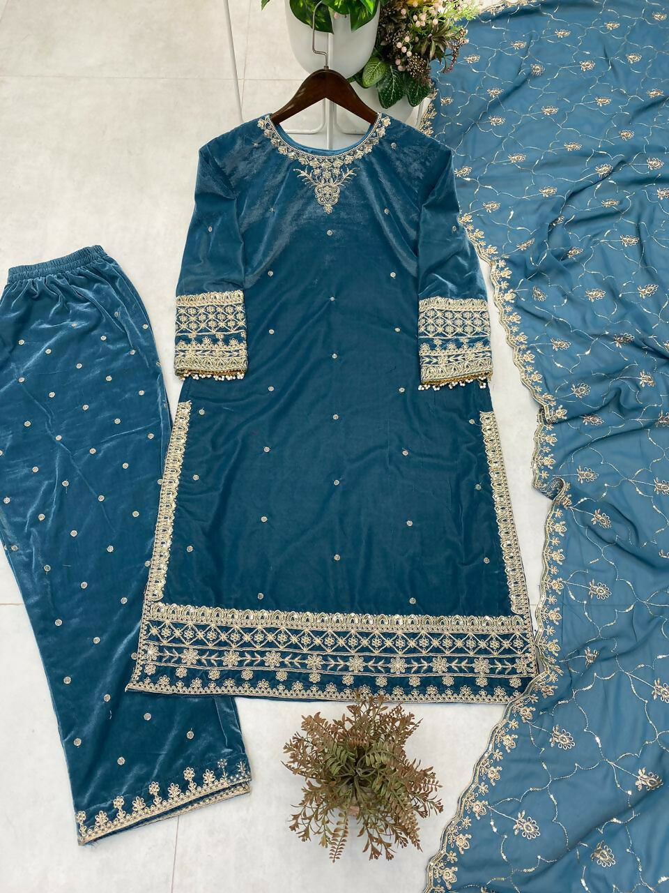 Vastranavya Blue Velvet Sequence Embroidery Work Kurta & Bottom With Dupatta - Distacart