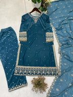 Vastranavya Blue Velvet Sequence Embroidery Work Kurta & Bottom With Dupatta - Distacart