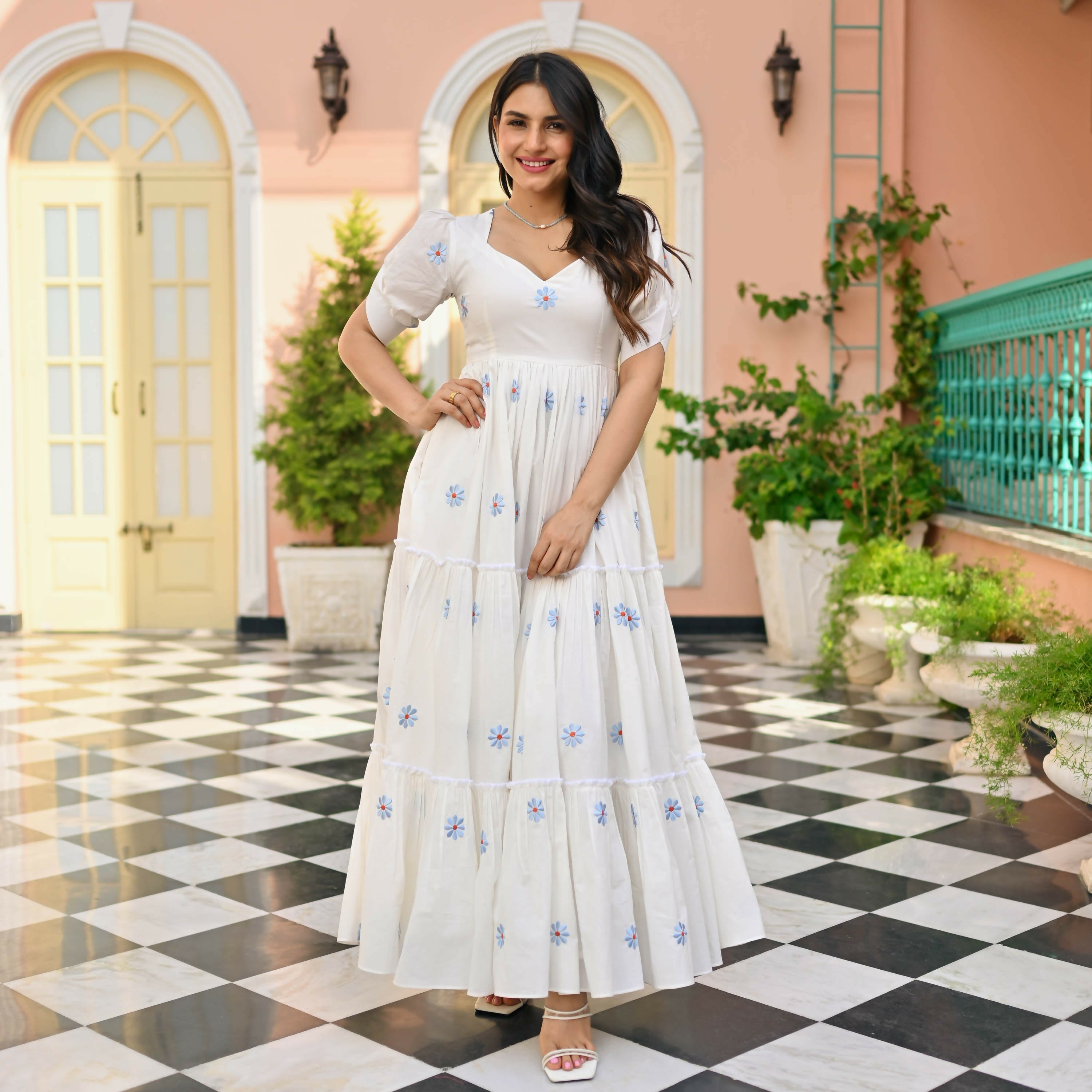 The52 Women's Gorgeous Thread work Cotton Rayon Fabric Flared Dress