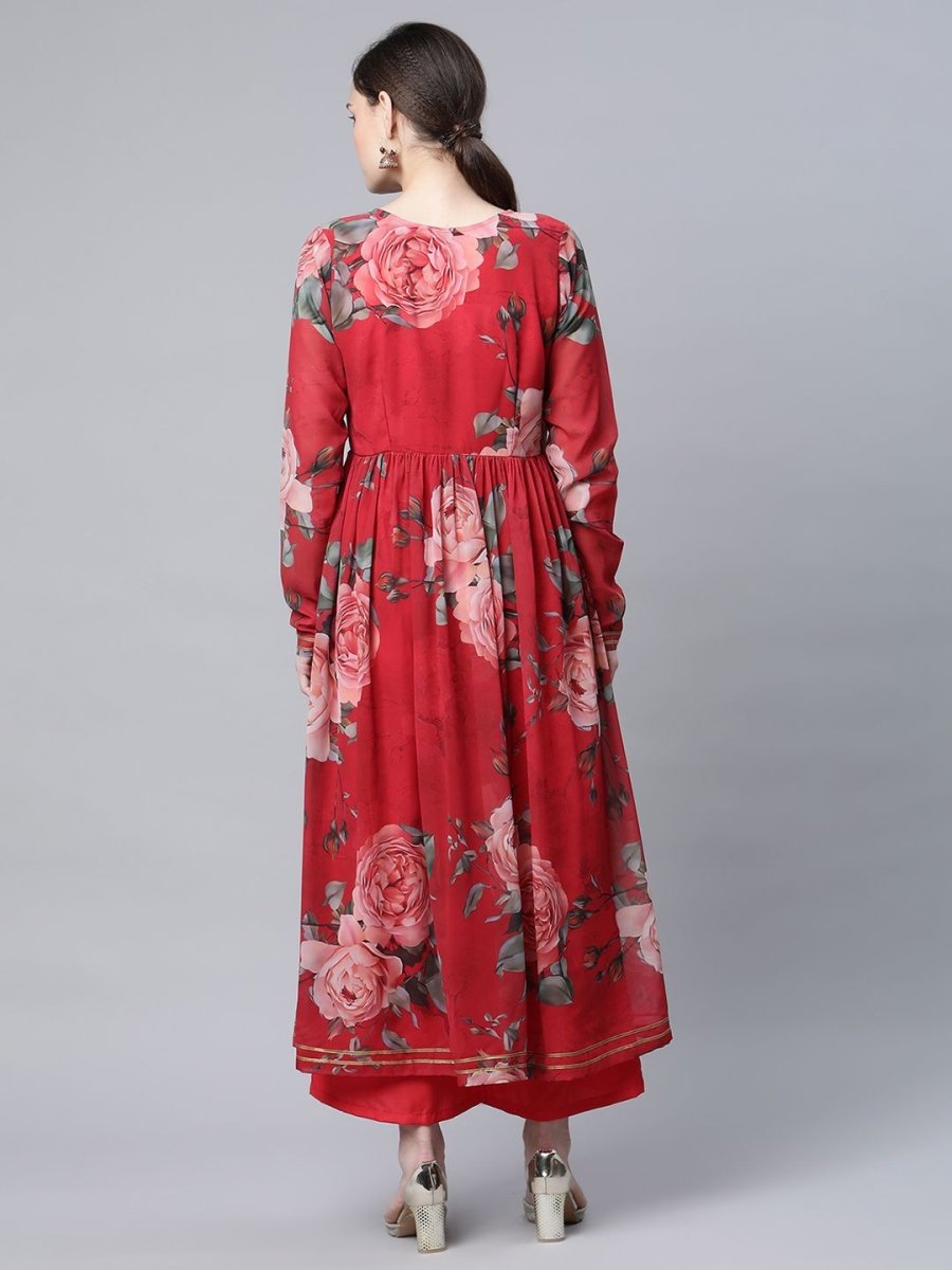 Ahalyaa Women Red Georgette Digital Floral Printed Kurta Palazzo Set - Distacart