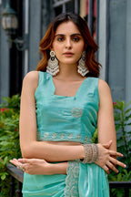 Vastranavya Turquoise Embroidery Work Shimmer Chiffon Saree with Unstitched Blouse - Distacart