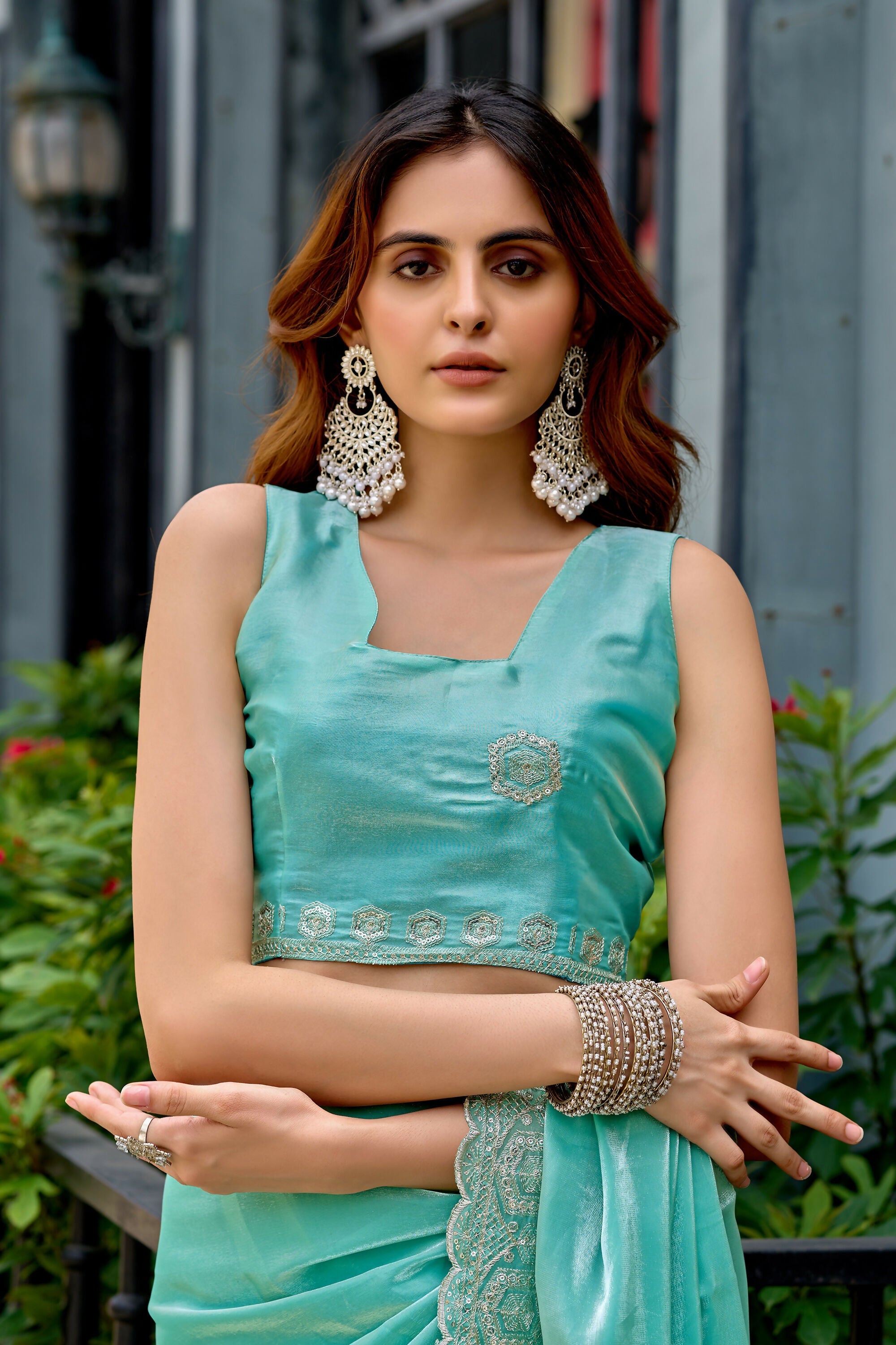 Vastranavya Turquoise Embroidery Work Shimmer Chiffon Saree with Unstitched Blouse - Distacart