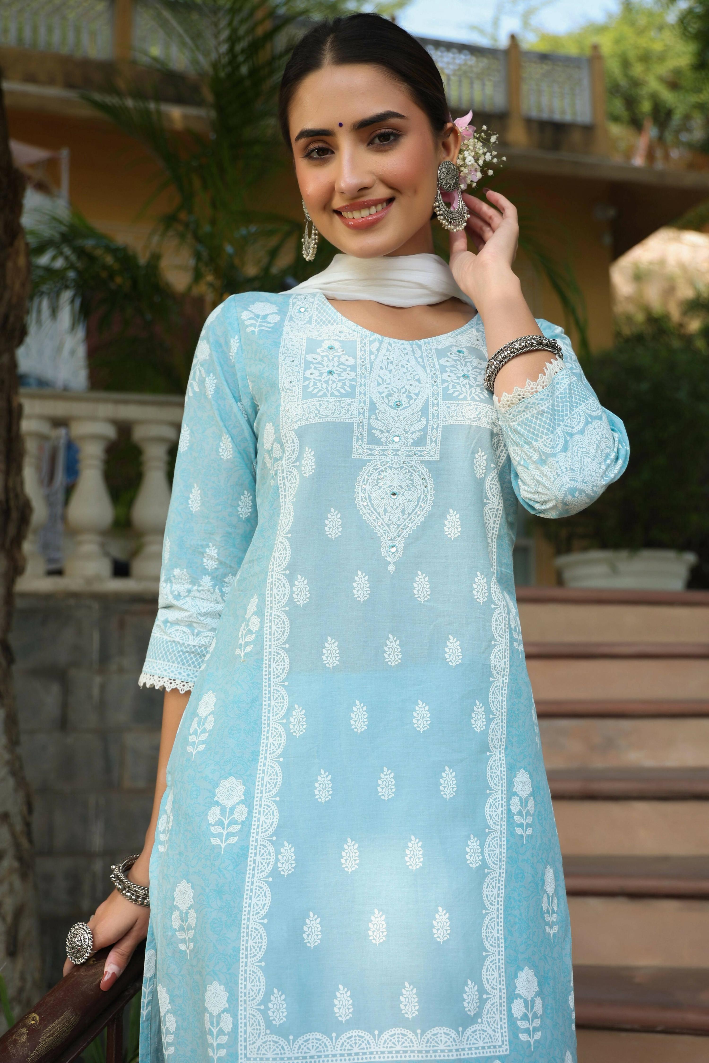 Juniper Women's Skyblue Printed Straight Kurta Sets - Distacart