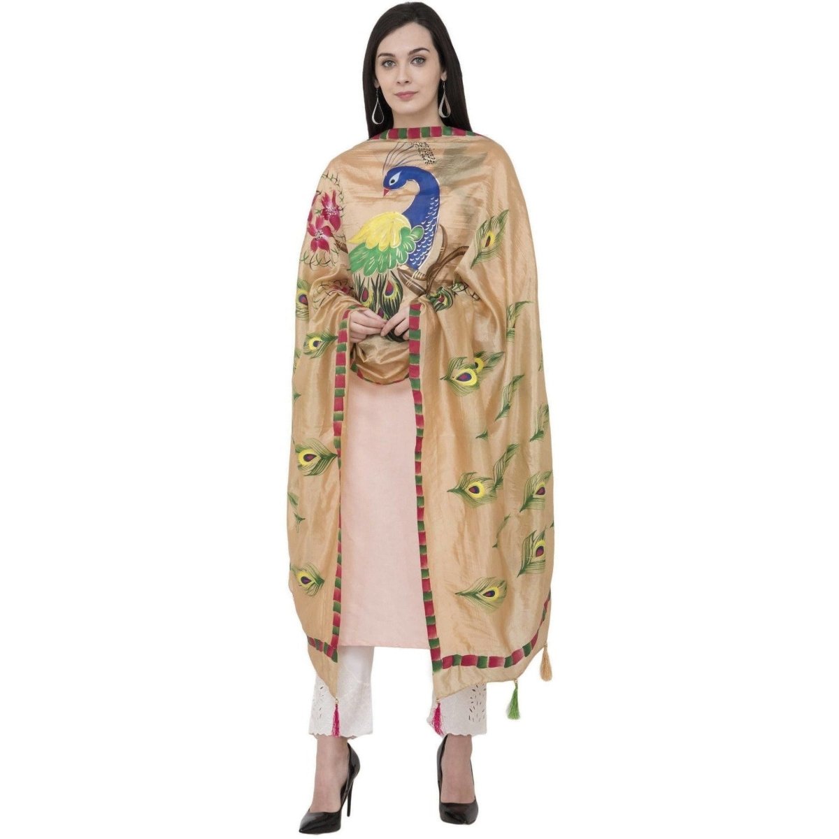 A R Silk Silk Peacock Multi Fancy Dupatta Color Golden Dupatta or Chunni