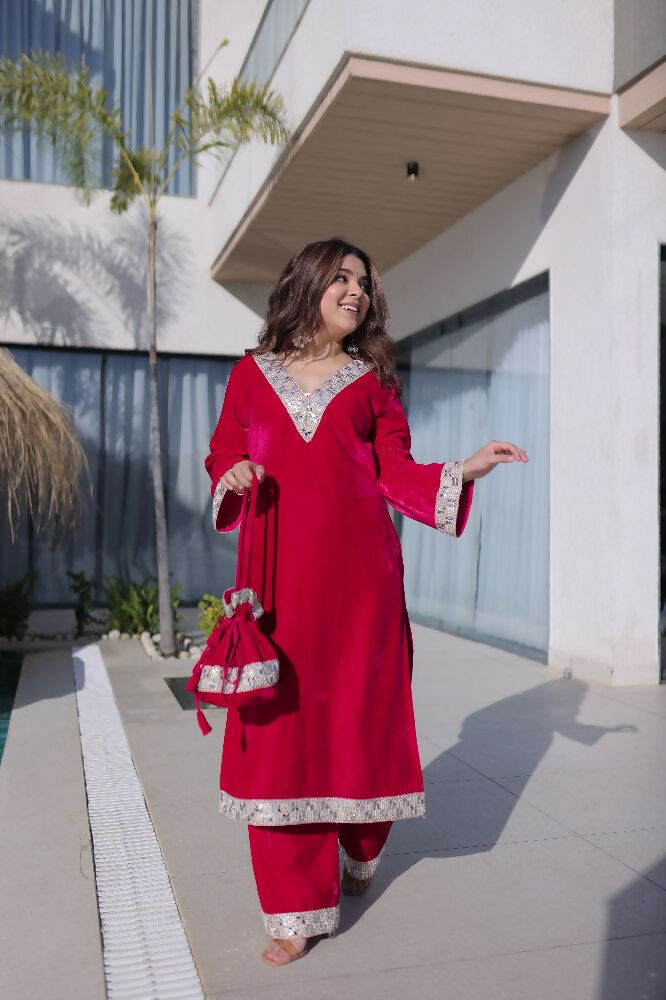 Joban Fashion Pink Kurta Set Velvet Sequins , Zari, Coding & Thread Embroidered work - Distacart