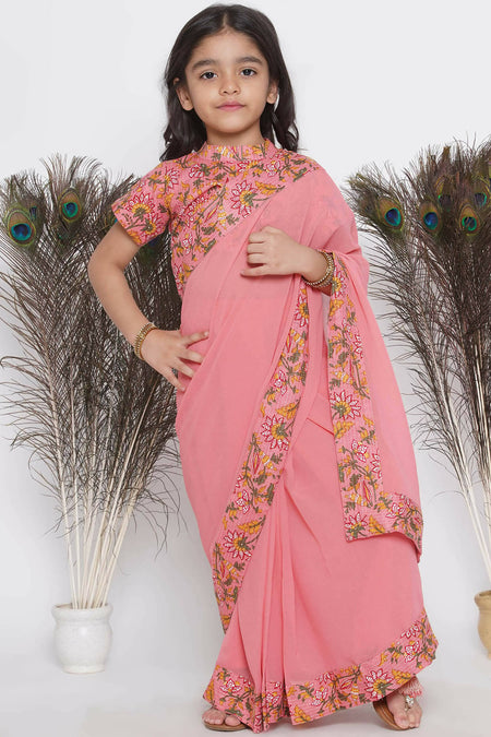 Little Bansi Floral Print Ready To Wear Saree And Floral Blouse - Coral