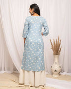 FIORRA Women's Floral Printed Sky Blue Cotton Straight Kurta