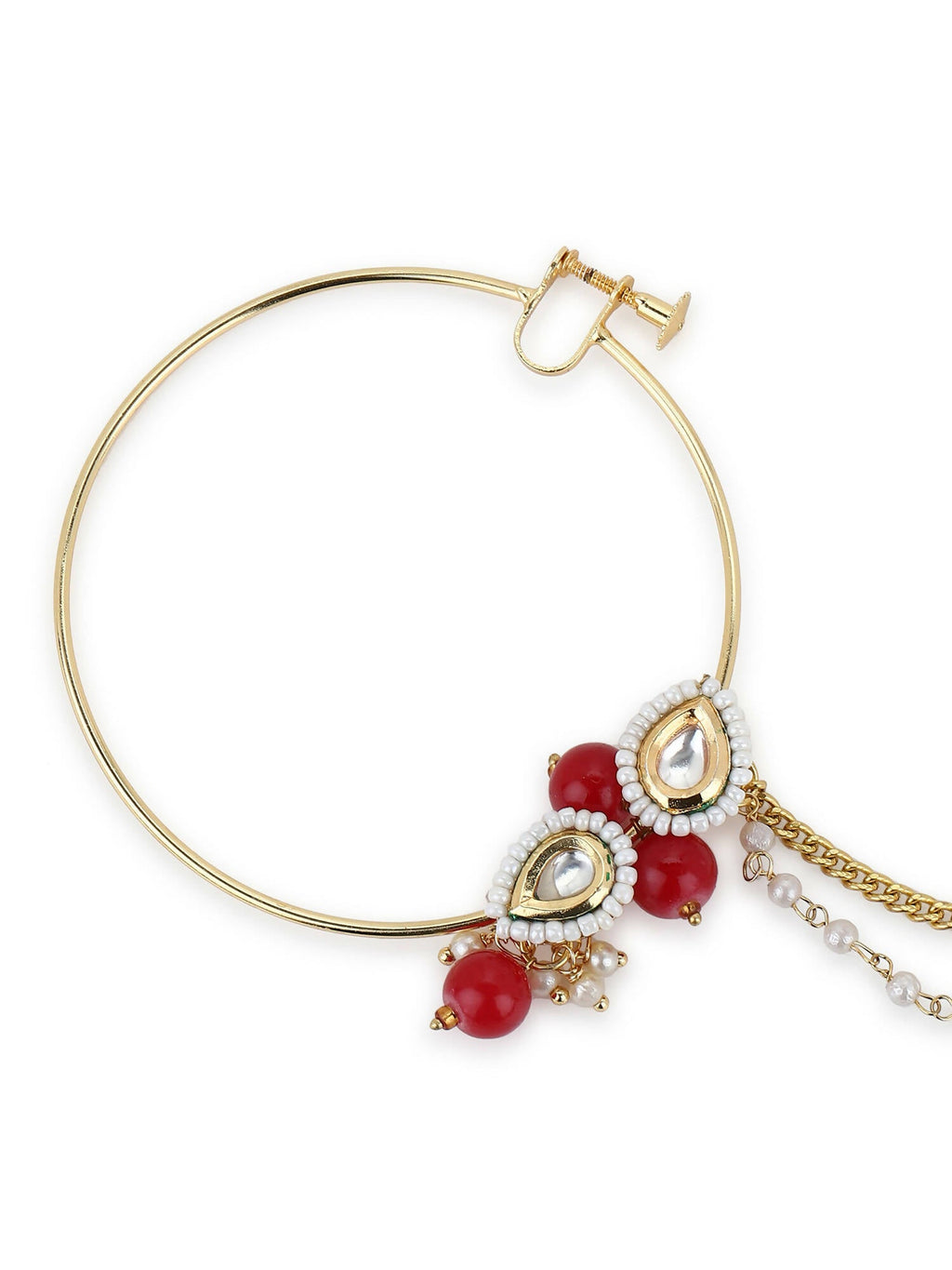 Gold-Pleated Red White Kundan Studded Beaded Nosepin - Ruby Raang - Distacart