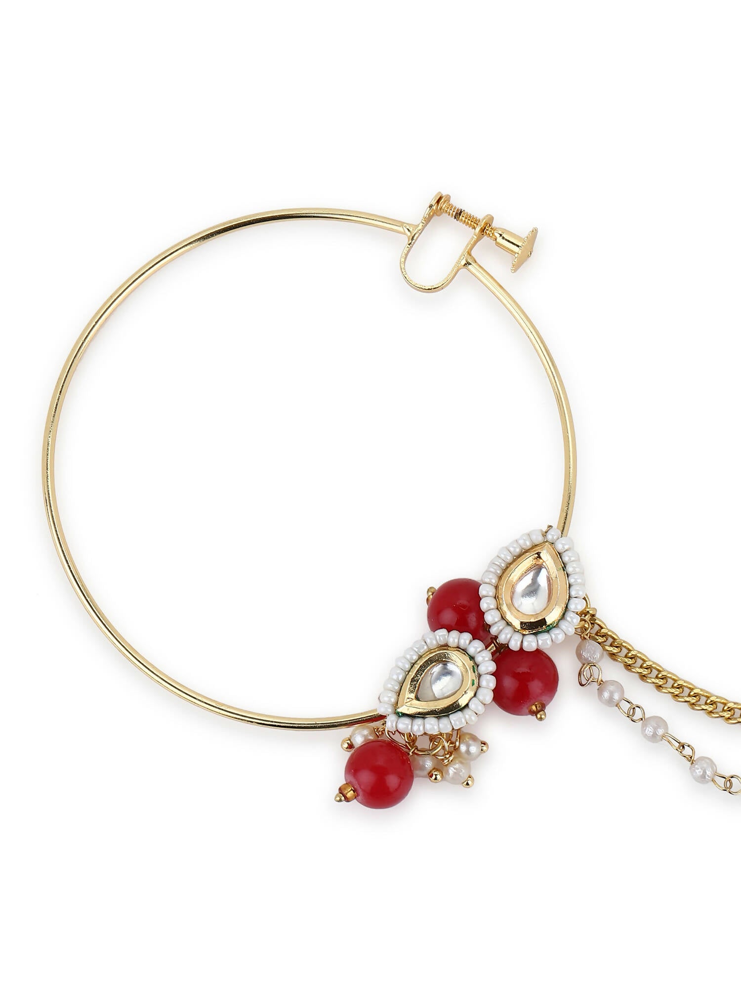 Gold-Pleated Red White Kundan Studded Beaded Nosepin - Ruby Raang - Distacart