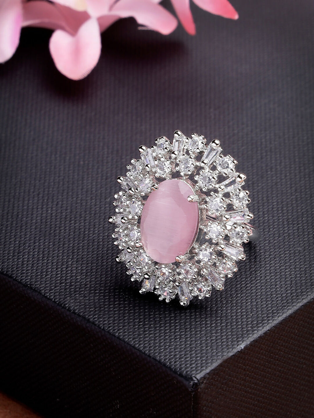 NVR Women's Pink & Silver CZ-Studded Handcrafted Adjustable Finger Ring