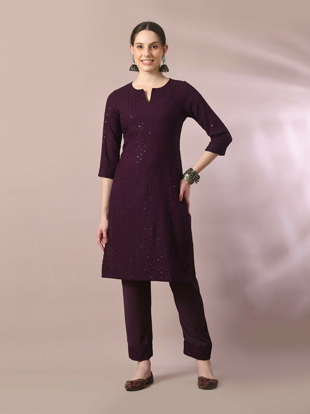 Myshka Women's Magenta Embroidered Cotton Straight Party Kurta Set