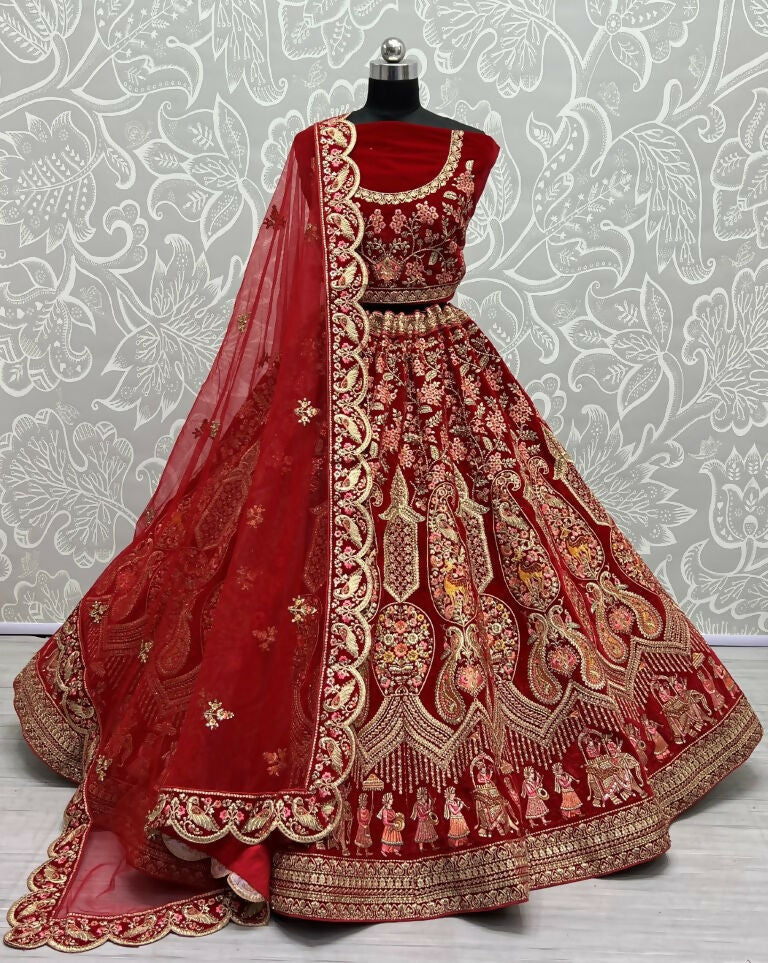 Jyoti Fashion Women's Red Velvet Multi Thread Embroidered with Zircon Diamond Work Wedding Lehenga Choli