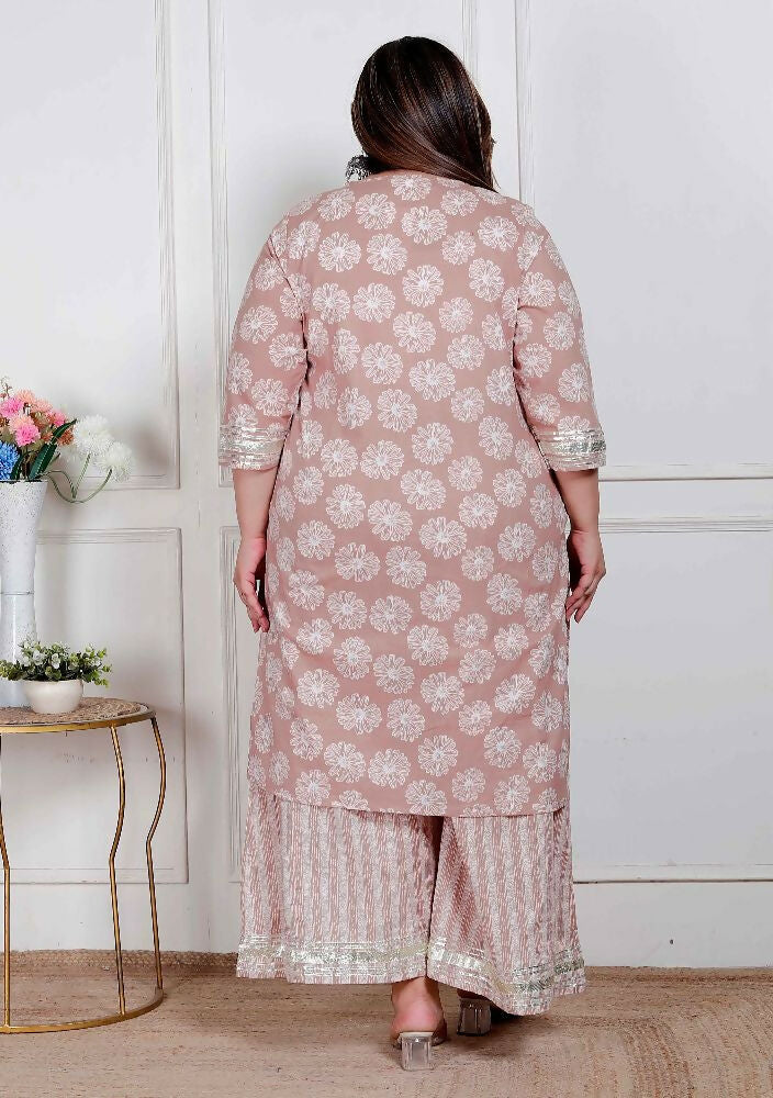 Miravan Plus Size Women Brown Floral Printed Straight Ethnic Kurta With Palazzo - Distacart