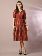 Myshka Women's Rust Printed Cotton V-Neck Empire Party Dress - Distacart