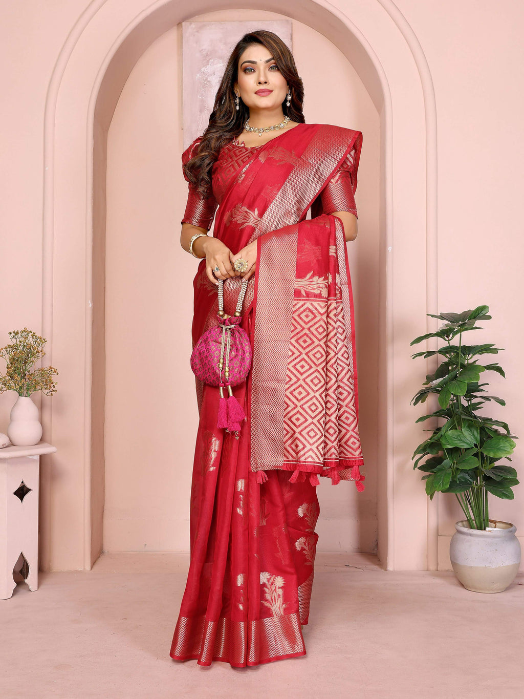 Aastha Fashion Red Soft Organza Silk Weaving Saree - Distacart