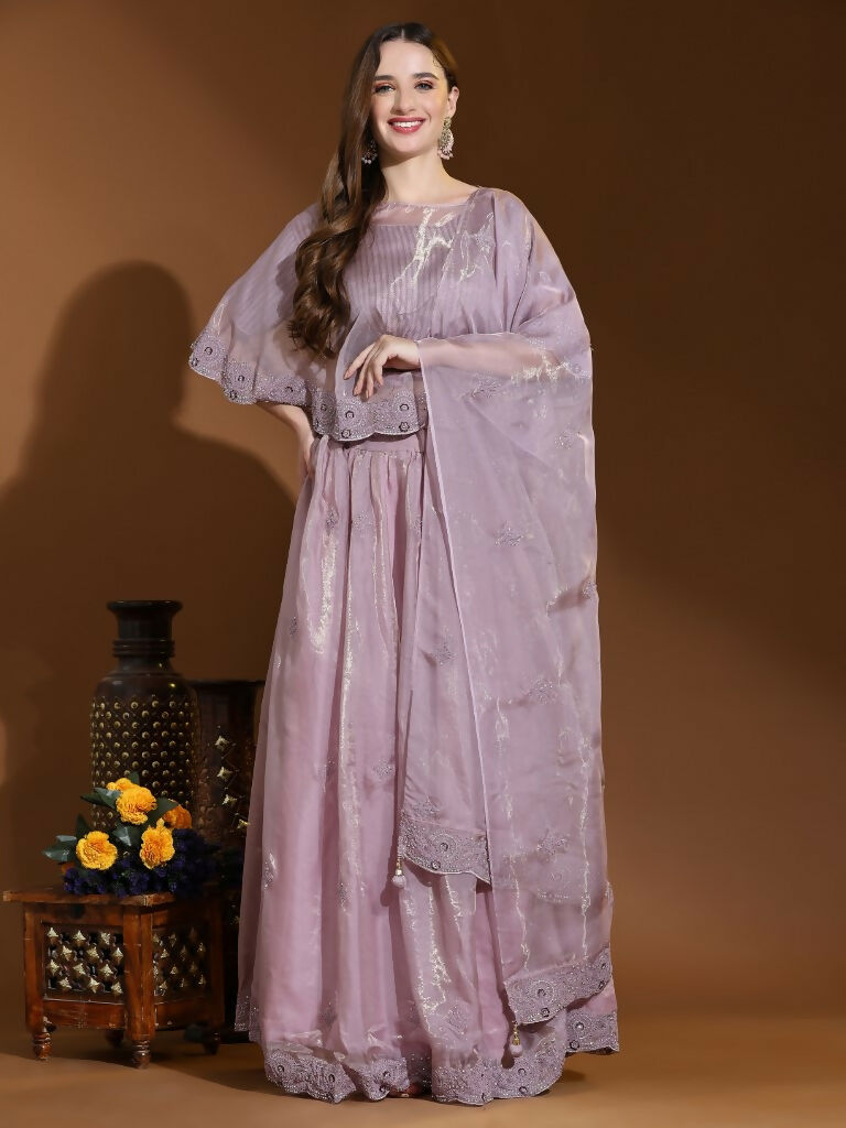 Purple Silk Embroidered Poncho Pattern Top & Lehenga with Dupatta - Tanya