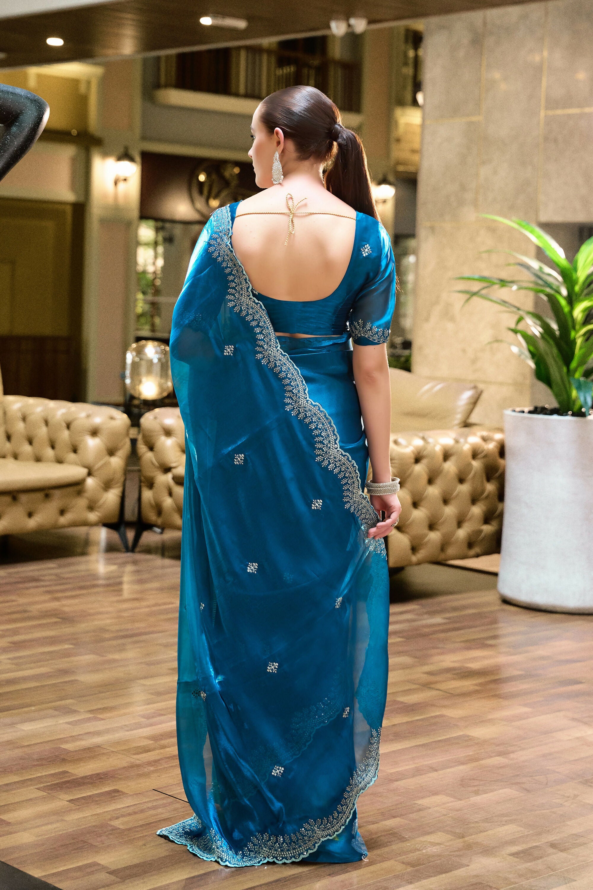 Vastranavya Sea Blue Embroidery Work Shimmer Chiffon Saree with Unstitched Blouse - Distacart