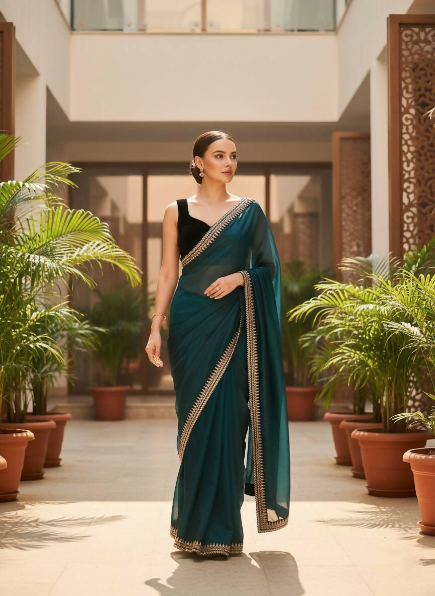 Joban Fashion Petrol Soft twill Net Party Wear Sarees - Distacart