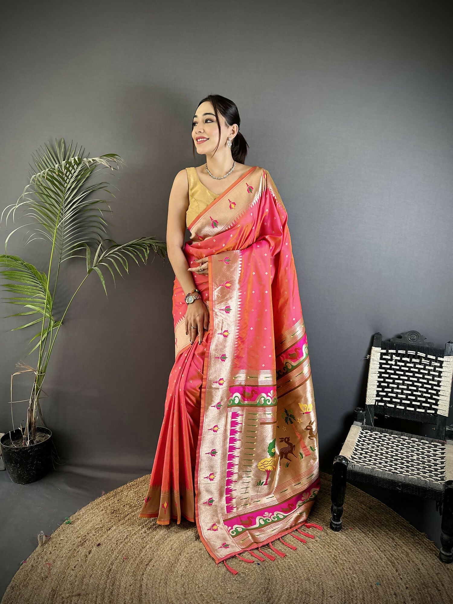 Joban Fashion Rose Pink Peacock & Floral Motifs Soft Lichi Silk Kanchipuram Saree - Distacart