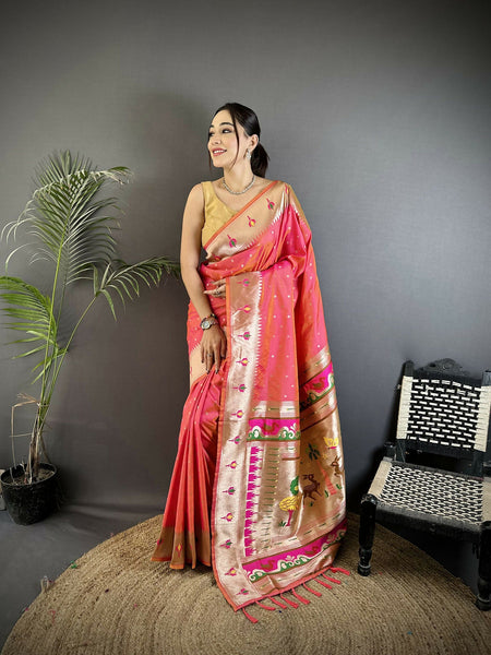 Joban Fashion Rose Pink Peacock & Floral Motifs Soft Lichi Silk Kanchipuram Saree