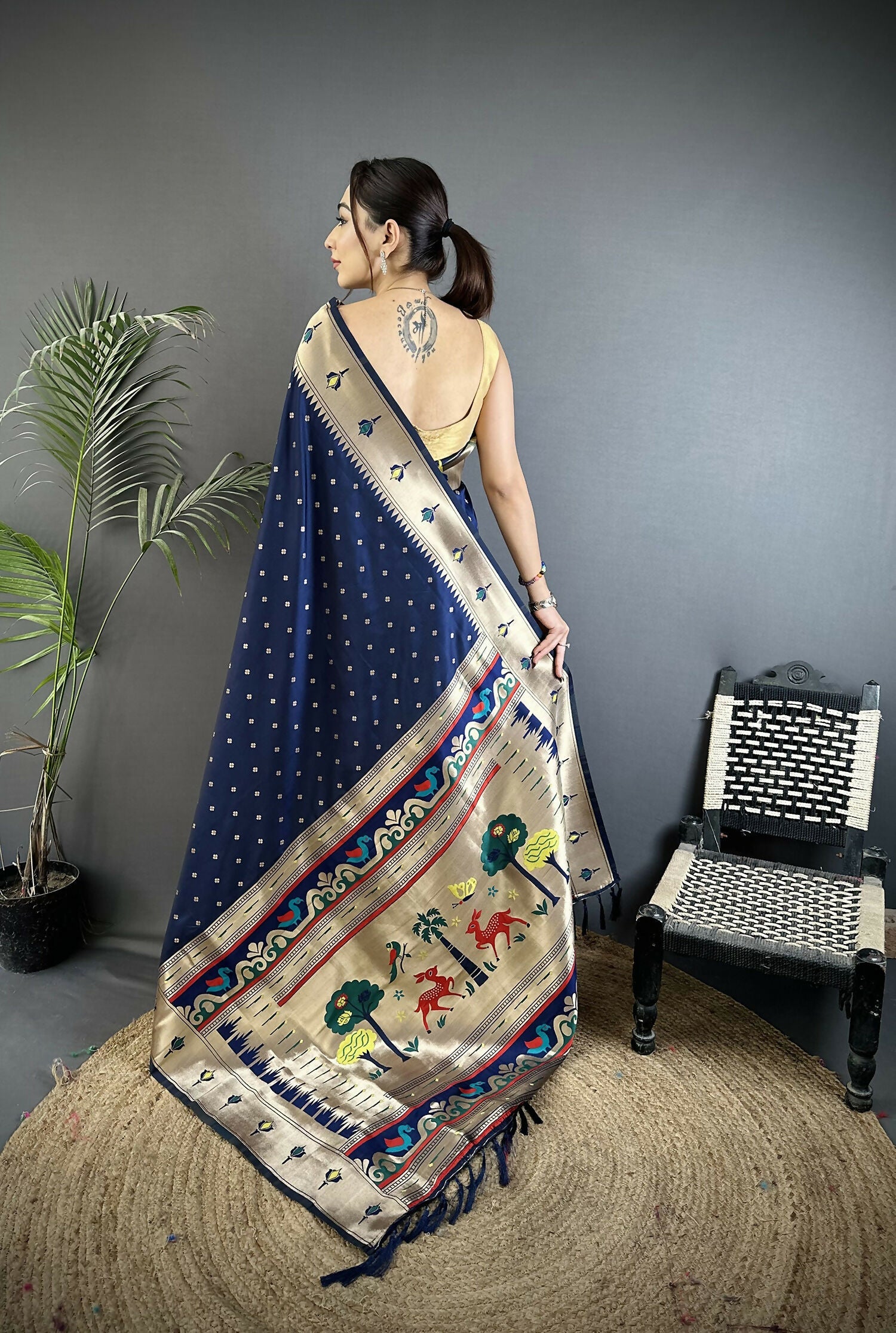 Joban Fashion Dark Blue Peacock & Floral Motifs Soft Lichi Silk Kanchipuram Saree - Distacart