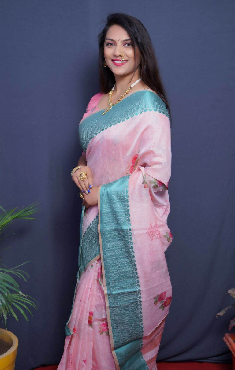 Jyoti Fashion Women's Teal Linen Silk Digital Print with Jacquard Woven Border Saree with Blouse