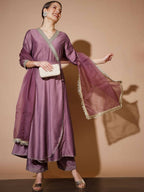 Myshka Women Mauve Solid Kurta & Palazzos With Dupatta - Distacart