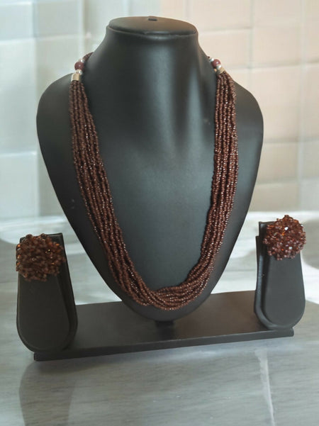 Inhanns Bloom Handmade Beaded Necklace With Earrings - 12 Layers - Coffee Necklace Set