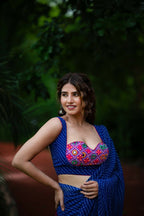 Amodini Designer Studio Women's Blue Chinon Lehriya Sleeveless Blouse